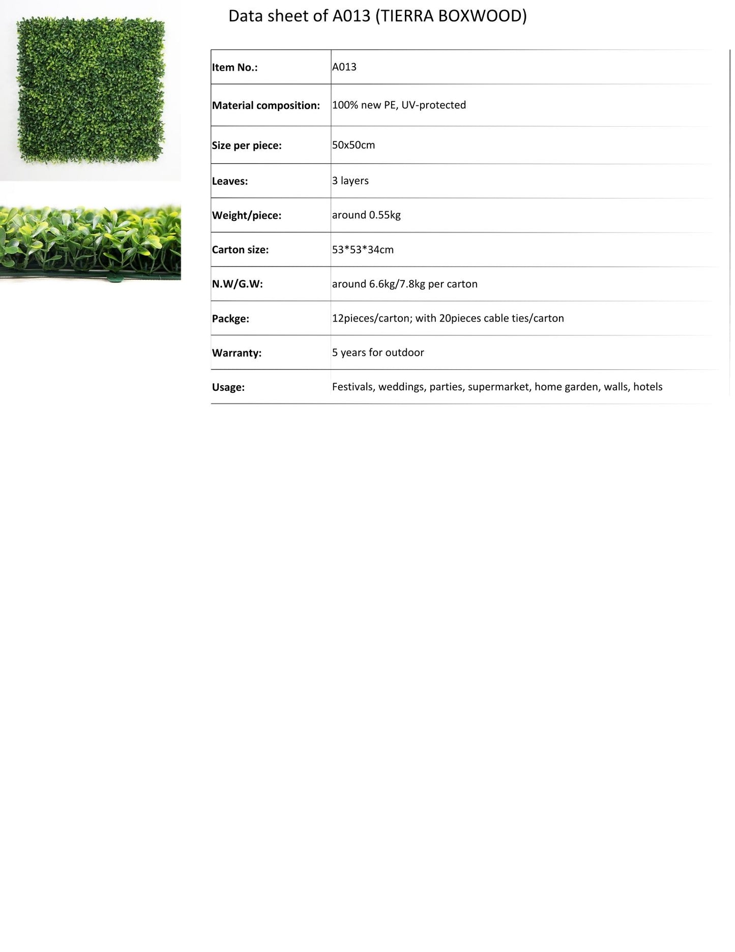 Artificial Ivy Wall Tierra Boxwood 20" x 20" - 12 Pieces Per Box