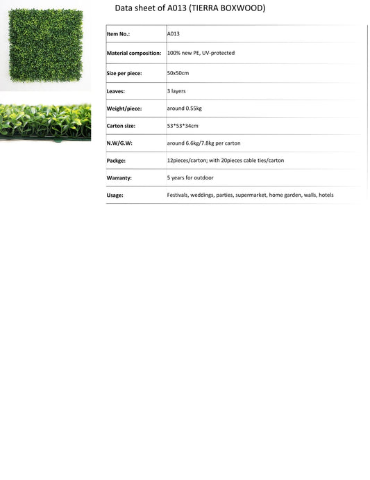 Pared de hiedra artificial Tierra Boj 20" x 20" - 12 piezas por caja