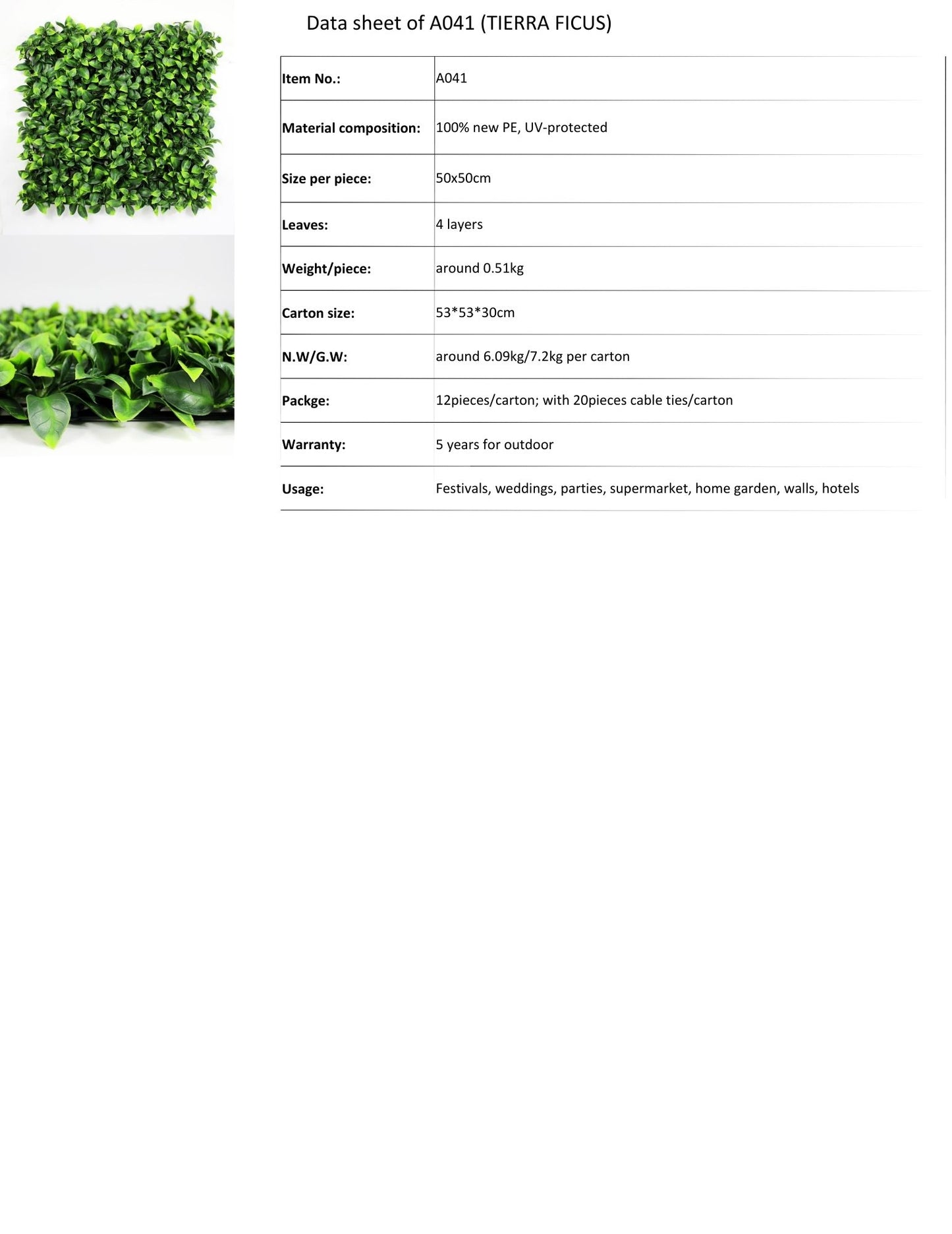 Pared de hiedra artificial Tierra Ficus 20" x 20" - 12 piezas por caja