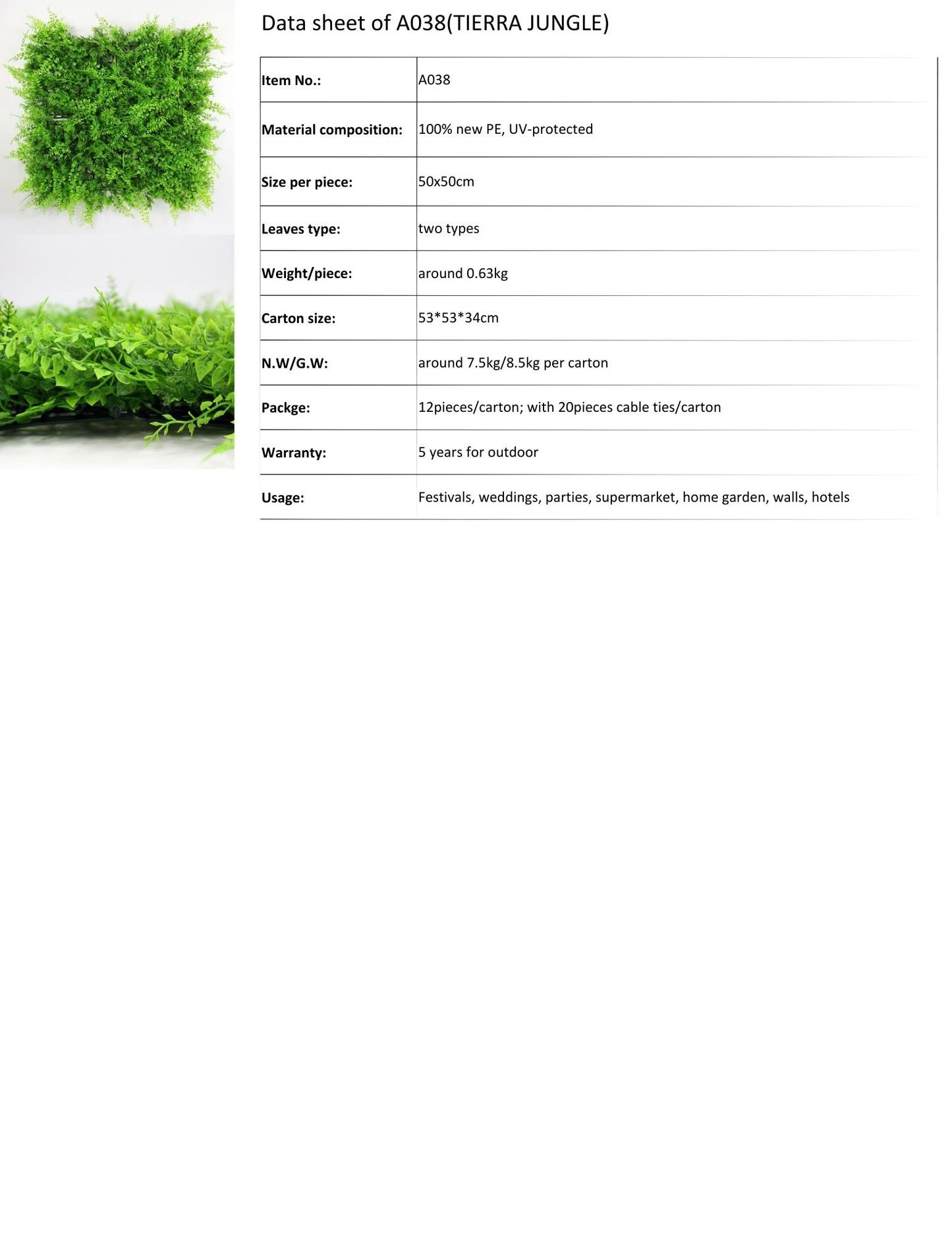 Pared de hiedra artificial Tierra Jungle 20" x 20" - 12 piezas por caja
