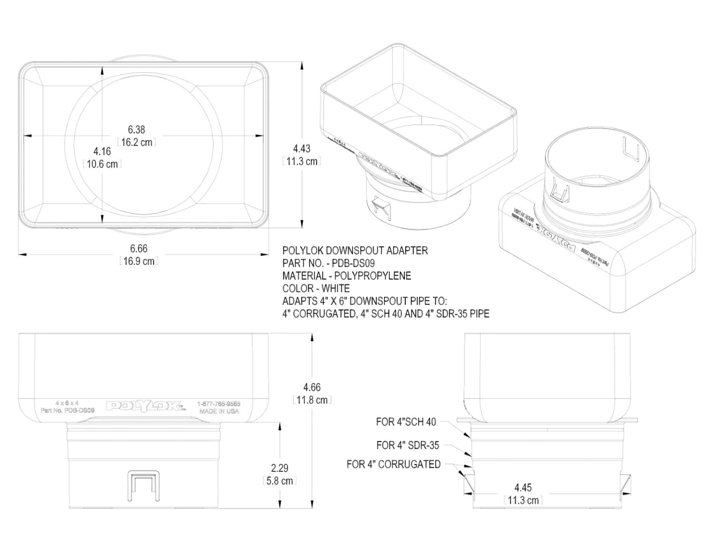 PolyLok 4"x6"x4" Downspout Adapter (4"x6" downspout to 4" pipe)